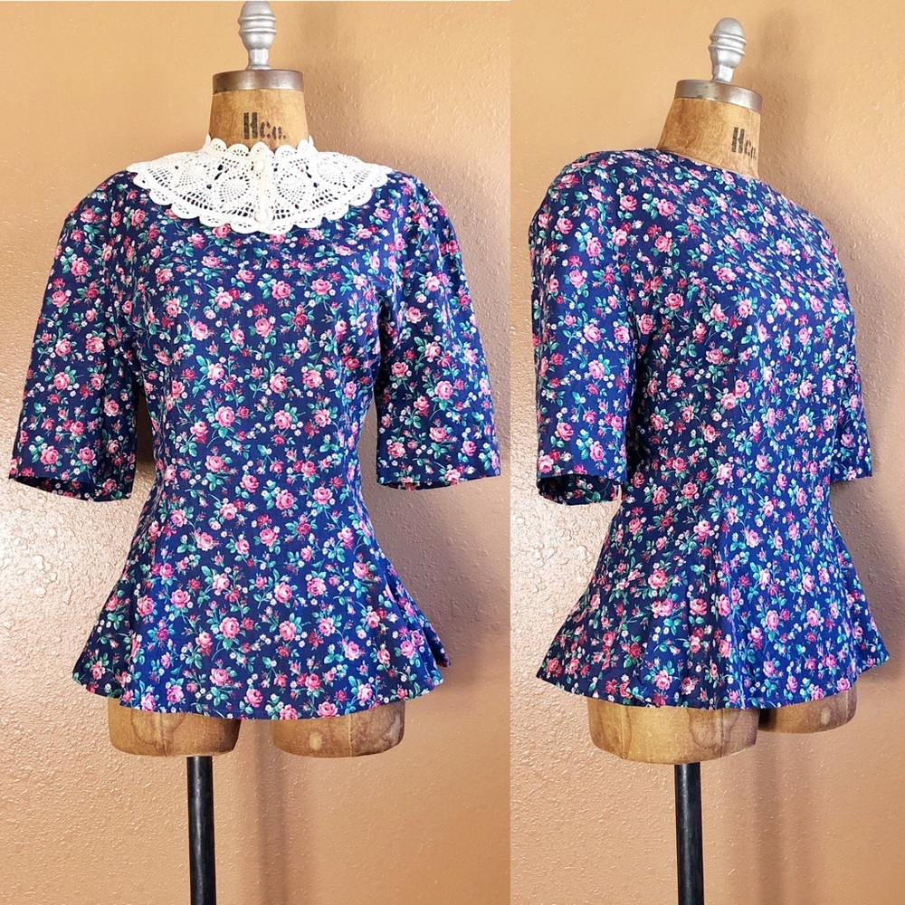 Vintage 80s Handmade Ditsy Floral Peplum Blouse